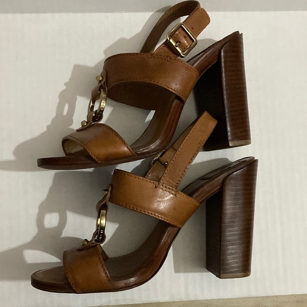 Tory Burch Fletcher brown/tan leather high heel sandals.